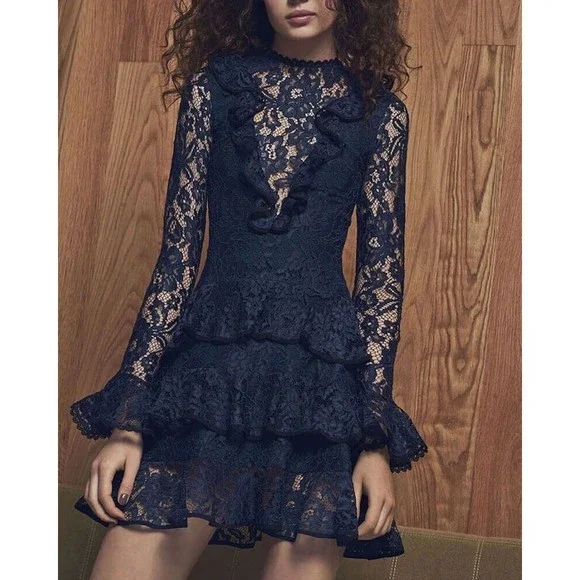 Alexis Tracie Long-Sleeve Tiered Ruffled Lace Mini Dress, Blue, Women's, Small